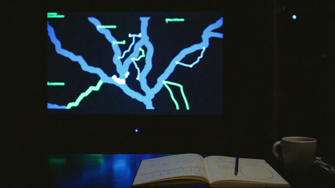 Research display showing a glowing tree-search graph in a dark office