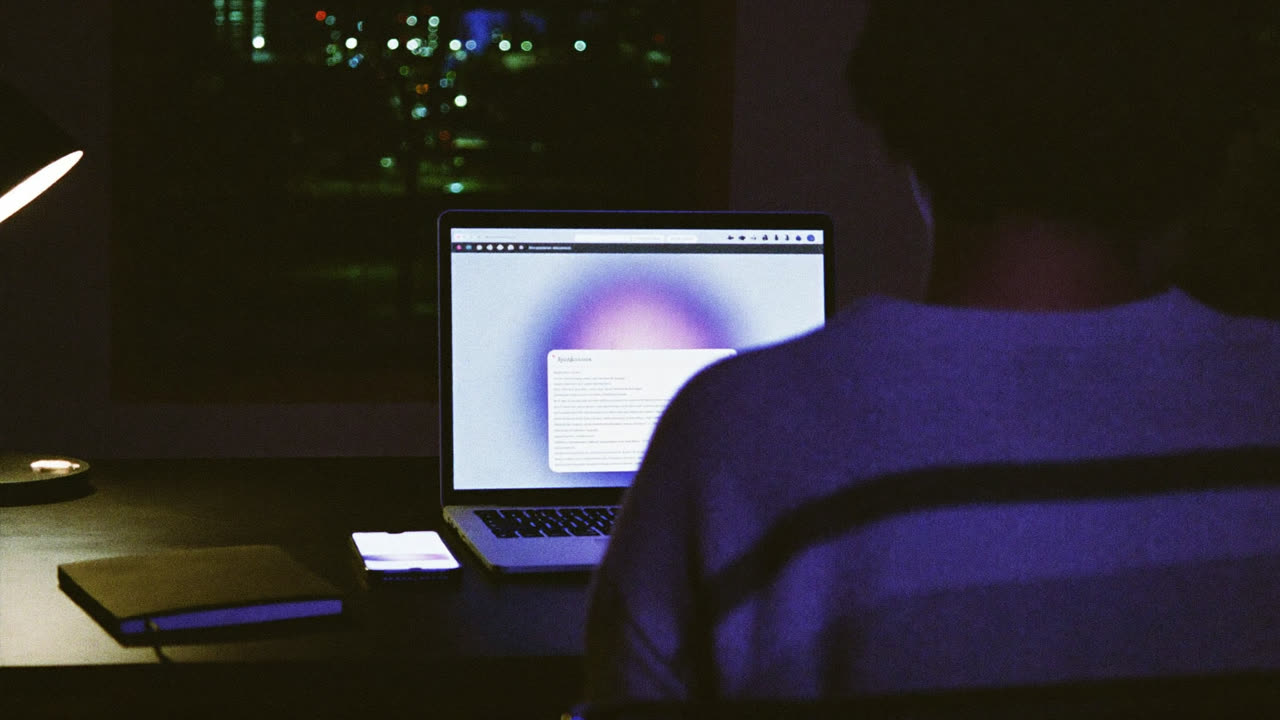 Person at a night desk using an AI assistant on a laptop